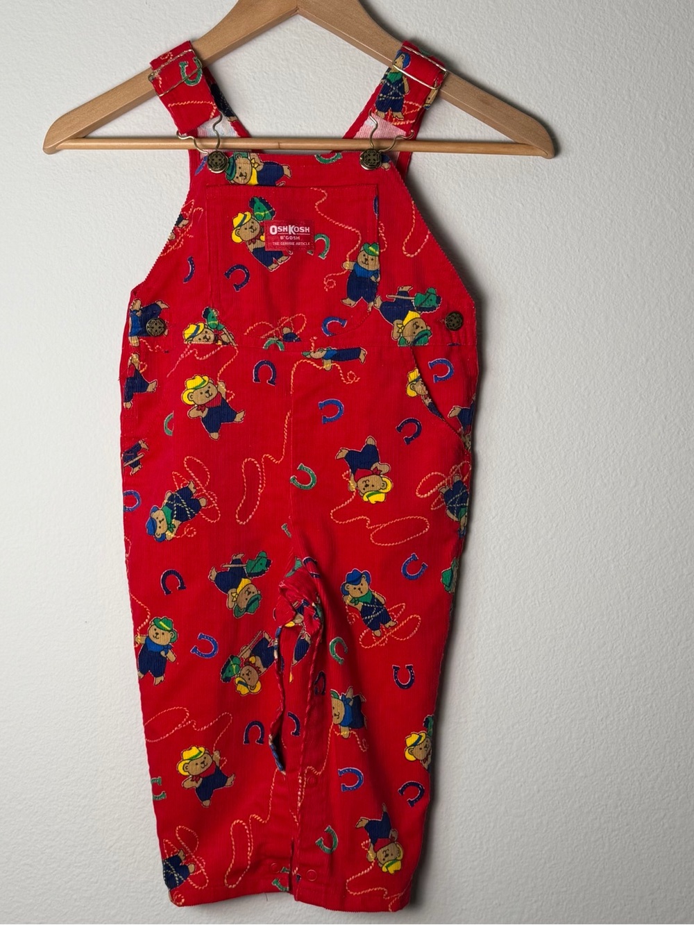Vintage OshKosh B’gosh VESTBAK Overalls Cowboys Bears Red 2T Months USA Made
